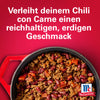 Ein Topf Chili con Carne wird mit deutschem Text gezeigt, der besagt, dass Srpet Cumin Gd X06-Ge dem Gericht einen reichhaltigen und erdigen Geschmack verleiht, mit dem McCormick-Logo.