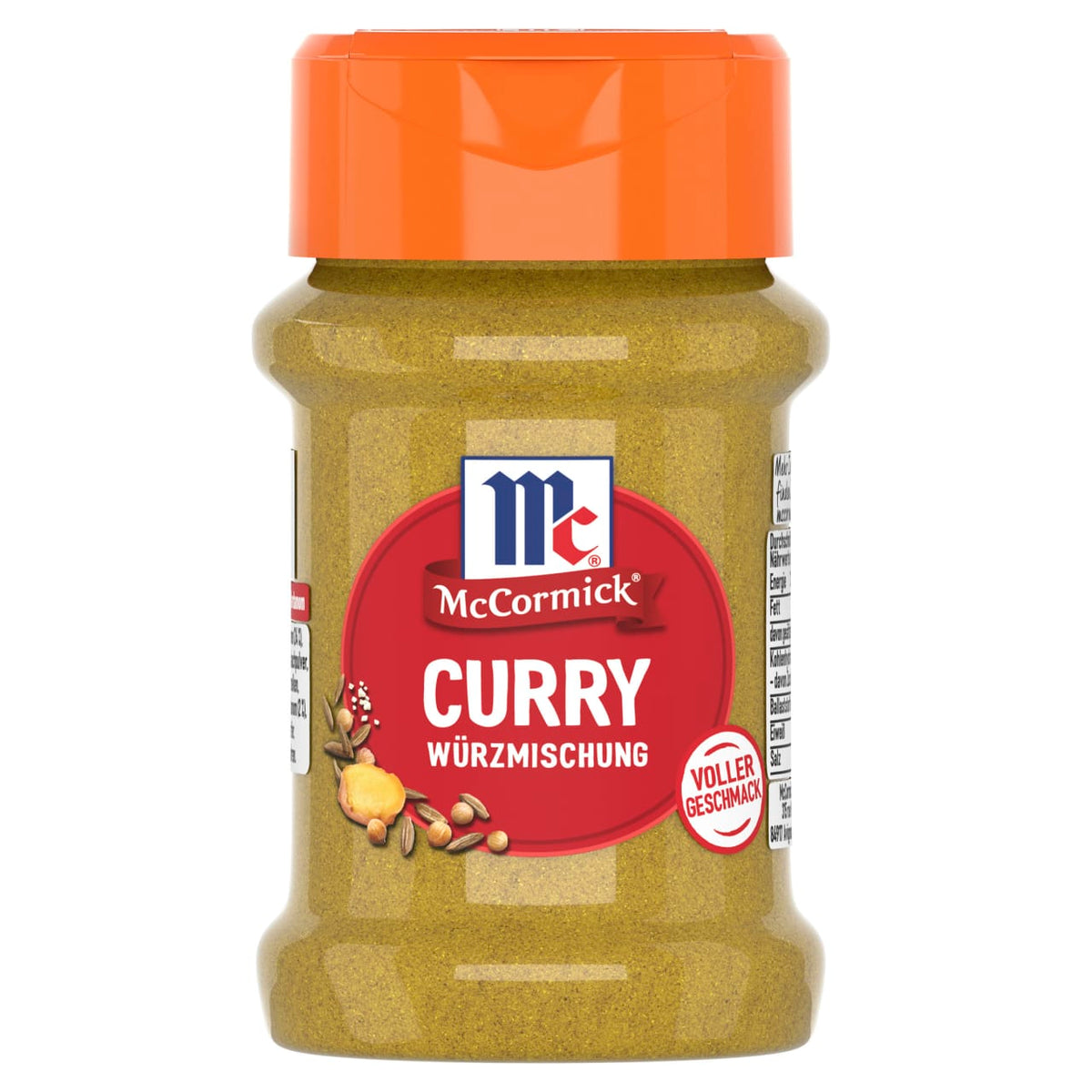 Eine durchsichtige Plastikflasche McCormick Curry Würzmischung, eine gelbe Curry-Gewürzmischung, wird mit einem leuchtend orangefarbenen Deckel vor einem weißen Hintergrund gezeigt.