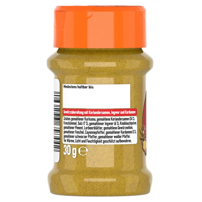 Die Rückseite eines durchsichtigen Gewürzglases mit orangefarbenem Deckel, auf der das deutsche Etikett für eine Gewürzzubereitung mit Koriander, Ingwer und Kardamom zu sehen ist.