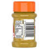 Die Rückseite eines durchsichtigen McCormick-Gewürzglases mit orangefarbenem Deckel, die die Nährwertangaben und Herstellerdetails auf dem Etikett zeigt.