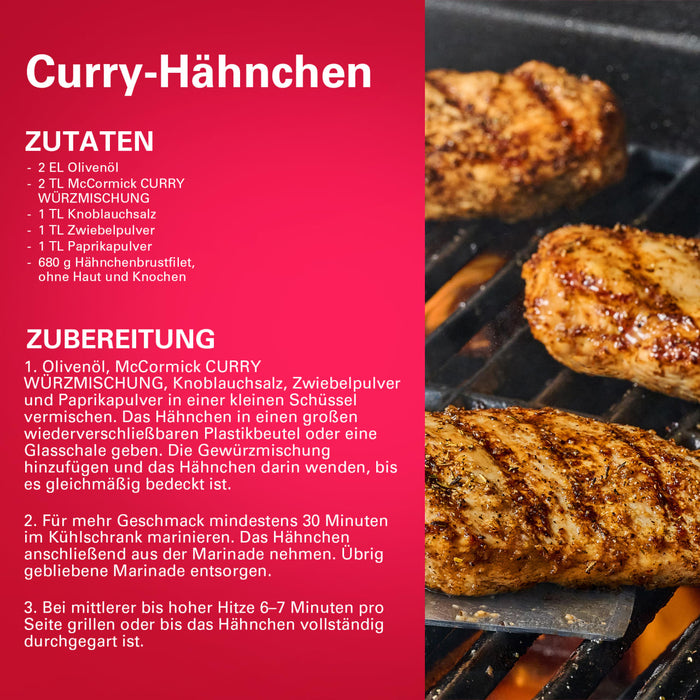 Dieses Rezept-Infografik für Curry-Hähnchen zeigt gegrillte Hähnchenbrustfilets die mit Srpet Curry X06-Ge und anderen Gewürzen auf einem Grill zubereitet werden.