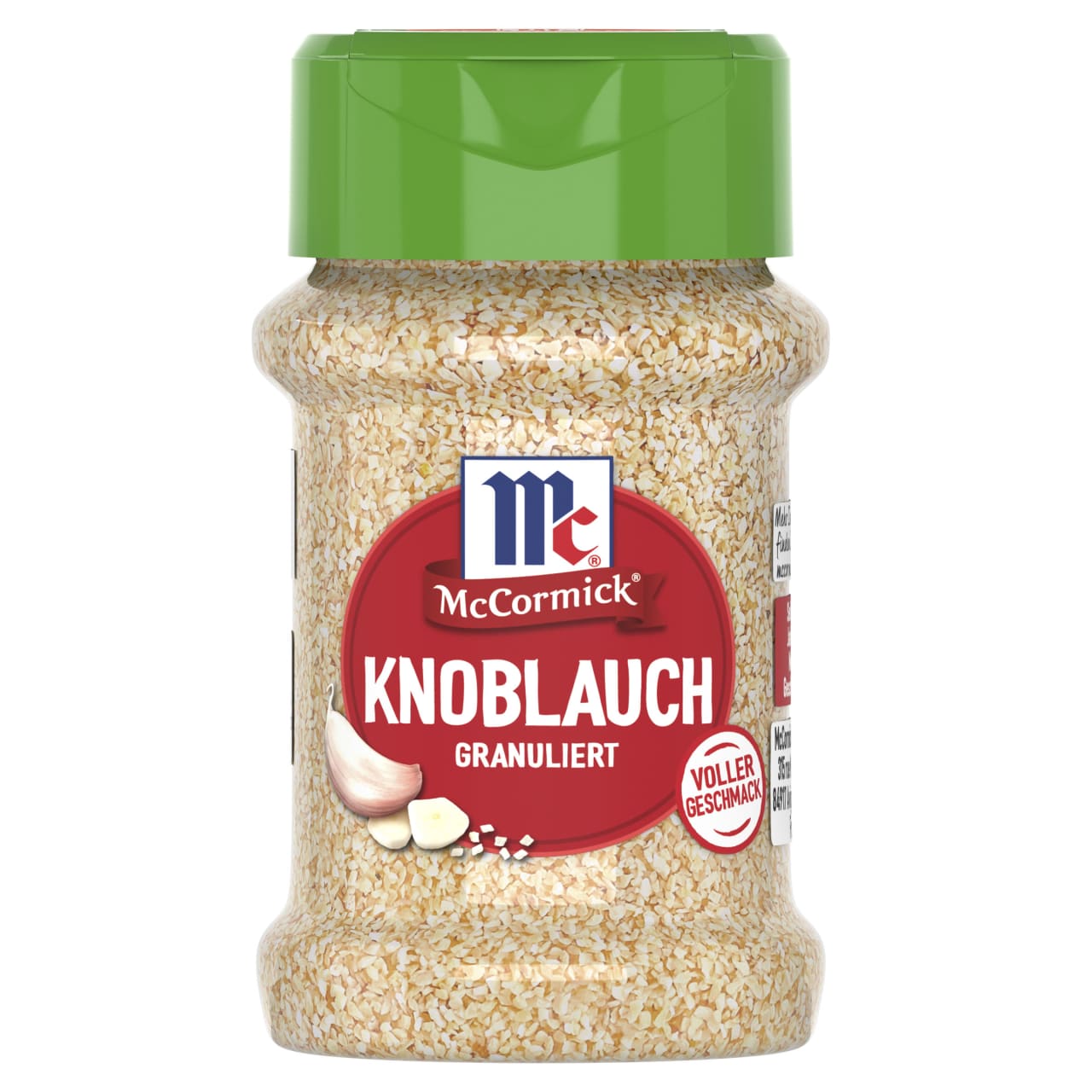 Eine durchsichtige Plastikflasche McCormick Knoblauch Granuliert, also granulierter Knoblauch, wird mit einem grünen Klappdeckel und einem roten Etikett gezeigt, auf dem das McCormick-Logo und eine Abbildung von Knoblauchzehen zu sehen sind.