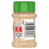 Die Rückseite eines durchsichtigen McCormick-Gewürzglases, gefüllt mit granuliertem Knoblauch, zeigt die Markeninformationen und den Strichcode auf dem Etikett.