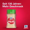 Eine Flasche Srpet Garlic Granul X06-Ge von McCormick wird vor einem roten Hintergrund mit deutschem Text präsentiert der 130 Jahre Geschmack feiert.