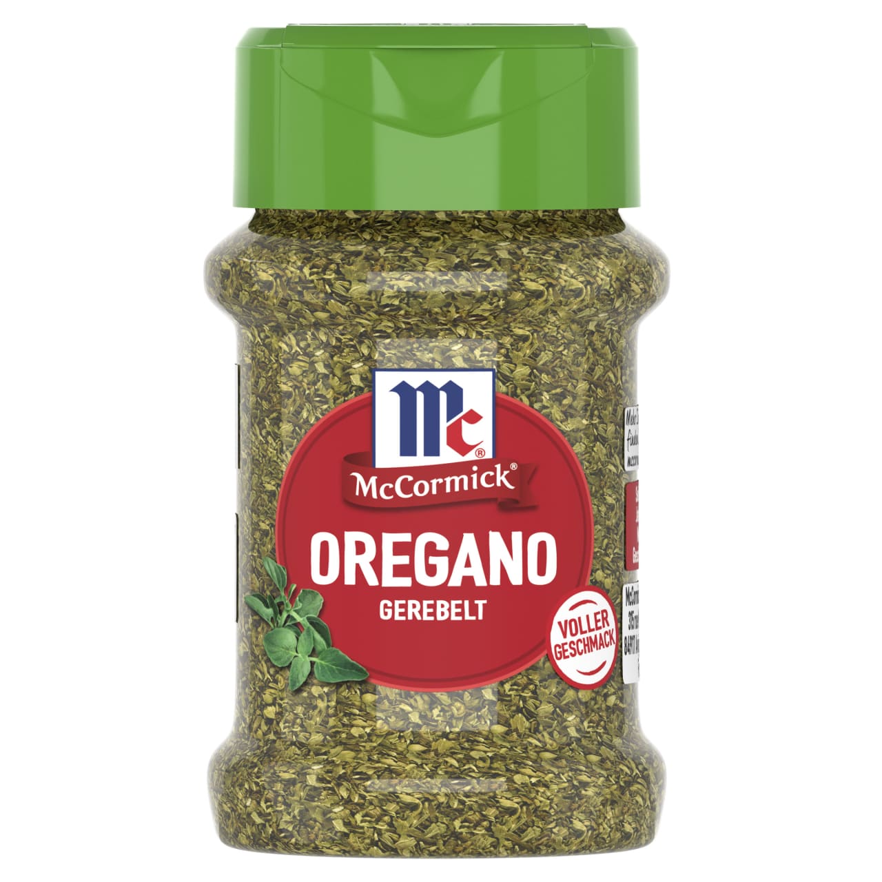 Ein durchsichtiges Plastikglas mit McCormick Oregano Gerebelt, das das getrocknete grüne Kraut durch den Behälter zeigt, mit einem roten Etikett und einem grünen Deckel.