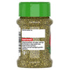 Ein durchsichtiges Gewürzglas aus Kunststoff mit grünem Deckel ist mit getrocknetem, gerebeltem Oregano gefüllt und zeigt das deutsche Etikett mit dem Produktnamen Oregano Gerebelt und Beschreibungstext.