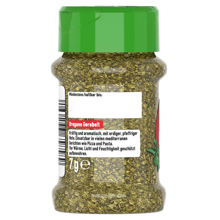 Ein durchsichtiges Gewürzglas aus Kunststoff mit grünem Deckel ist mit getrocknetem, gerebeltem Oregano gefüllt und zeigt das deutsche Etikett mit dem Produktnamen Oregano Gerebelt und Beschreibungstext.