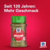 Eine Flasche Srpet Oregano X06-Ge von McCormick wird vor einem roten Hintergrund mit dem Text Seit 130 Jahren Mehr Geschmack präsentiert.
