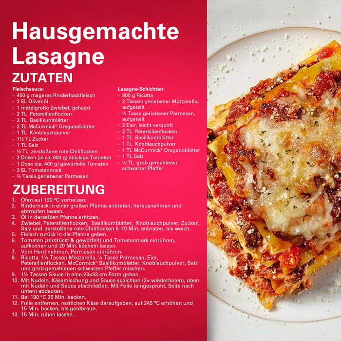 Dieses Rezept für hausgemachte Lasagne verwendet Srpet Oregano X06-Ge als wichtiges Gewürz sowohl in der Fleischsauce als auch in den Käseschichten.