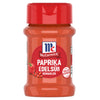 Eine durchsichtige Streudose von McCormick Paprika Edelsüß Gemahlen mit rotem Deckel, abgebildet vor einem weißen Hintergrund.