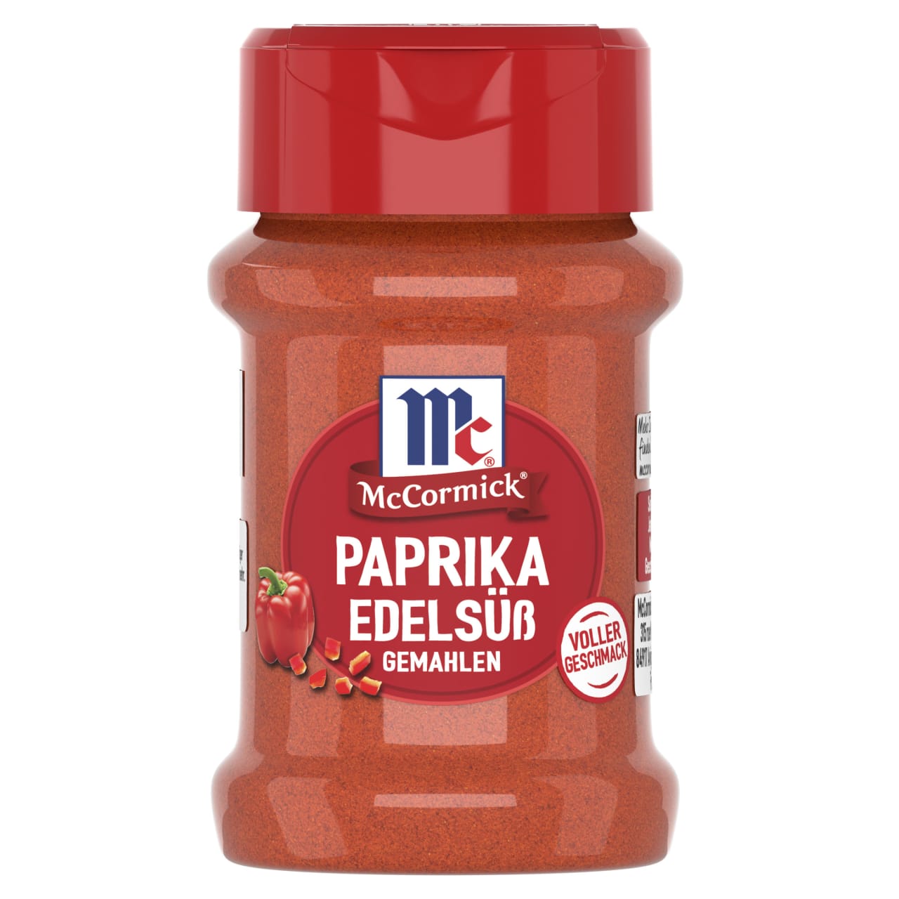 Eine durchsichtige Streudose von McCormick Paprika Edelsüß Gemahlen mit rotem Deckel, abgebildet vor einem weißen Hintergrund.