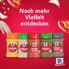 Eine Werbegrafik mit fünf McCormick Gewürzen einschließlich Srpet Paprika Sweet X06-Ge zusammen mit Kurkuma, Knoblauch, Oregano und Pfeffer Schwarz vor einem leuchtend roten Hintergrund mit schwebenden Zutaten.
