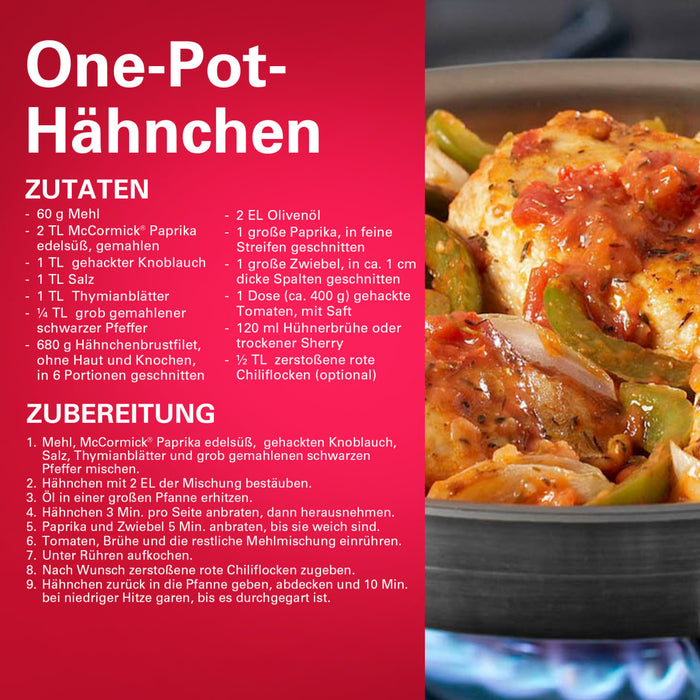 Ein Rezept-Infografik für One-Pot-Hähnchen mit Srpet Paprika Sweet X06-Ge als Hauptzutat zum Würzen von Hähnchen und Sauce.