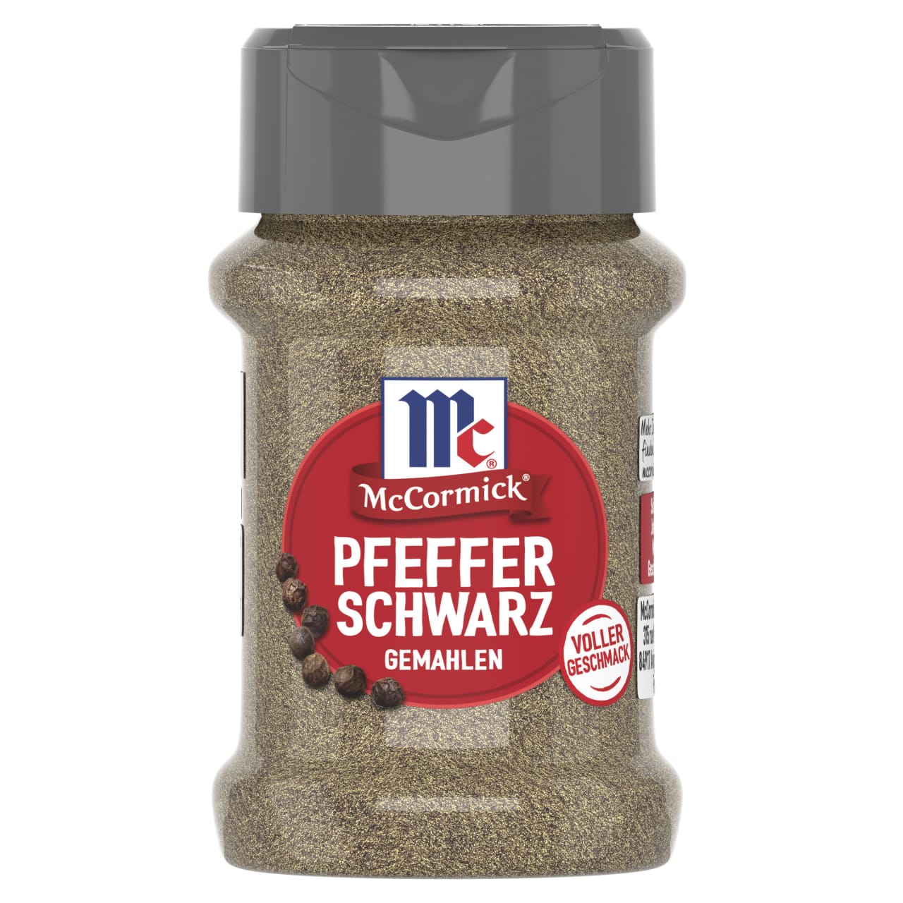 Ein durchsichtiges Gewürzglas mit McCormick Pfeffer Schwarz Gemahlen, gezeigt vor einem weißen Hintergrund.