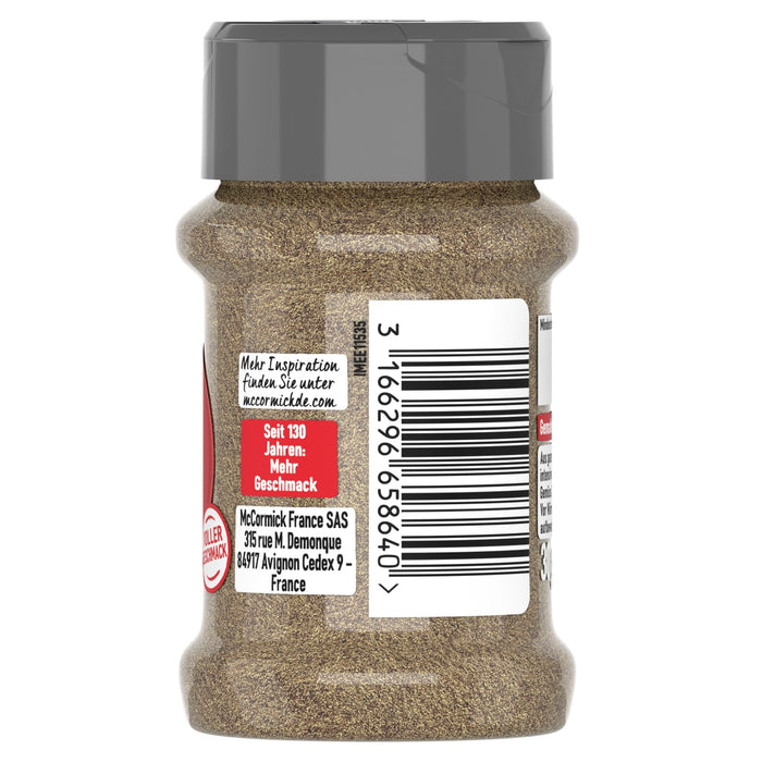 Die Rückseite eines durchsichtigen Gewürzglases von McCormick, gefüllt mit gemahlenem Pfeffer, zeigt das deutsche Etikett mit Firmeninformationen und einem Barcode.