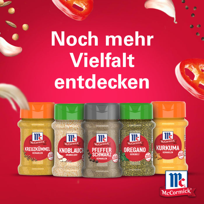 Eine Werbegrafik mit fünf McCormick Gewürzdosen einschließlich Srpet Bl Pepper Gd X06-Ge neben Kreuzkümmel, Knoblauch, Oregano und Kurkuma um noch mehr Vielfalt zu entdecken.