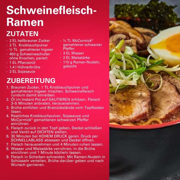Diese Infografik für Schweinefleisch-Ramen enthält ein Rezept mit Srpet Bl Pepper Gd X06-Ge neben einer Schüssel Nudeln mit Schweinefleischscheiben und einem weichgekochten Ei.