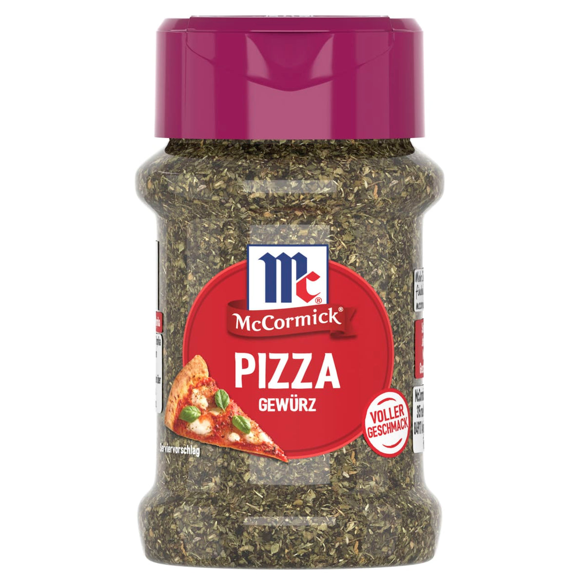 Ein durchsichtiges Plastikglas mit McCormick Pizza Gewürz, einer getrockneten Kräutermischung, wird mit einem roten Etikett mit einem Stück Pizza und einer magentafarbenen Kappe gezeigt.