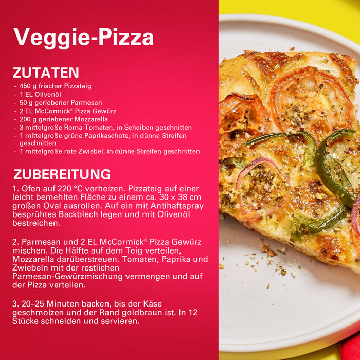 Ein Rezept für Veggie-Pizza mit Srpet Pizza Seas X06-Ge neben einer Nahaufnahme eines frisch gebackenen Stücks mit Tomaten und grünem Paprika.
