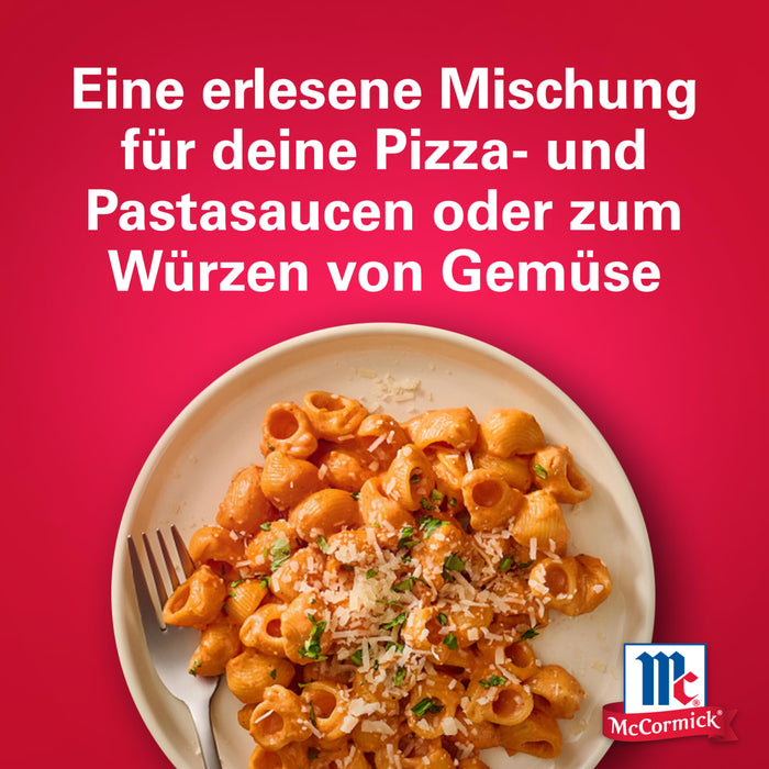 Ein Teller Pasta mit cremiger Tomatensauce und Käse wird in dieser Anzeige für Srpet Pizza Seas X06-Ge von McCormick präsentiert