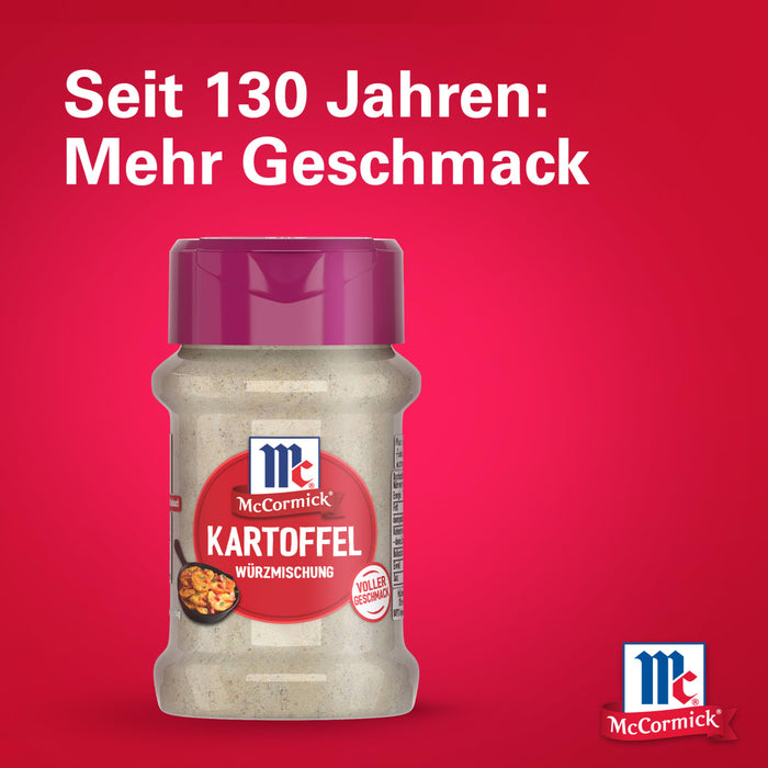 Eine Flasche McCormick Kartoffel Würzmischung, bei der es sich um die Srpet Potatoe Seas X06-Ge Gewürzmischung handelt, wird vor einem roten Hintergrund mit dem Text Seit 130 Jahren Mehr Geschmack präsentiert.