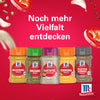 Eine Werbegrafik mit fünf McCormick Gewürzgläsern, darunter Kreuzkümmel, Oregano, Kurkuma, Pfeffer Schwarz und die Srpet Potatoe Seas X06-Ge Kartoffel Würzmischung vor einem leuchtend roten Hintergrund mit schwebenden Zutaten.
