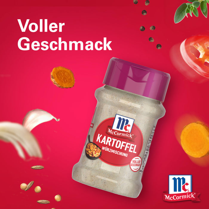 Eine Flasche Srpet Potatoe Seas X06-Ge von McCormick wird vor einem leuchtend roten Hintergrund präsentiert, umgeben von schwebenden Zutaten wie Knoblauch und Kurkuma, um den vollen Geschmack zu betonen.