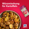 Eine Schüssel mit gewürzten Röstkartoffeln wird neben einer Flasche Srpet Potatoe Seas X06-Ge von McCormick präsentiert, darüber steht der Text Würzmischung für Kartoffeln.