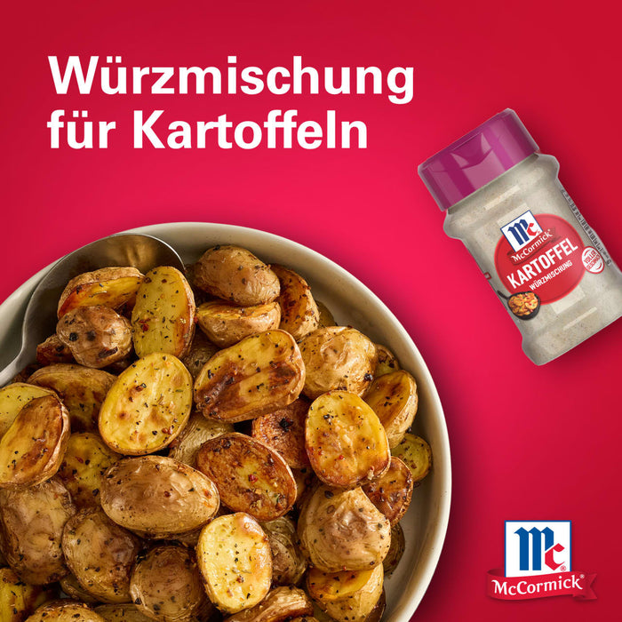 Eine Schüssel mit gewürzten Röstkartoffeln wird neben einer Flasche Srpet Potatoe Seas X06-Ge von McCormick präsentiert, darüber steht der Text Würzmischung für Kartoffeln.