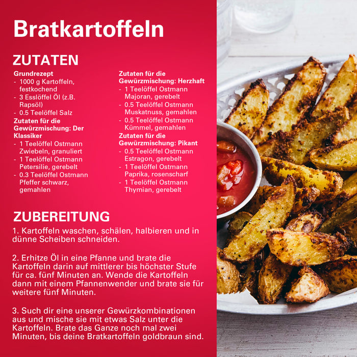 Ein Rezept-Infografik für Bratkartoffeln mit den Srpet Potatoe Seas X06-Ge Gewürzoptionen von Ostmann, einschließlich klassischer, herzhafter und pikanter Varianten.