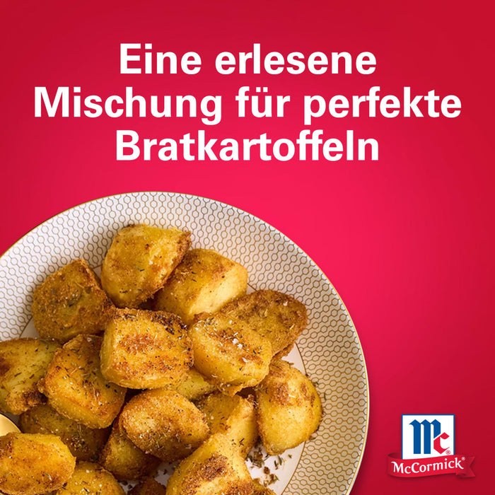 Ein Teller mit gewürzten Röstkartoffeln wird in dieser McCormick-Anzeige für Srpet Potatoe Seas X06-Ge mit deutschem Text präsentiert der es als eine erlesene Mischung für perfekte Bratkartoffeln beschreibt.