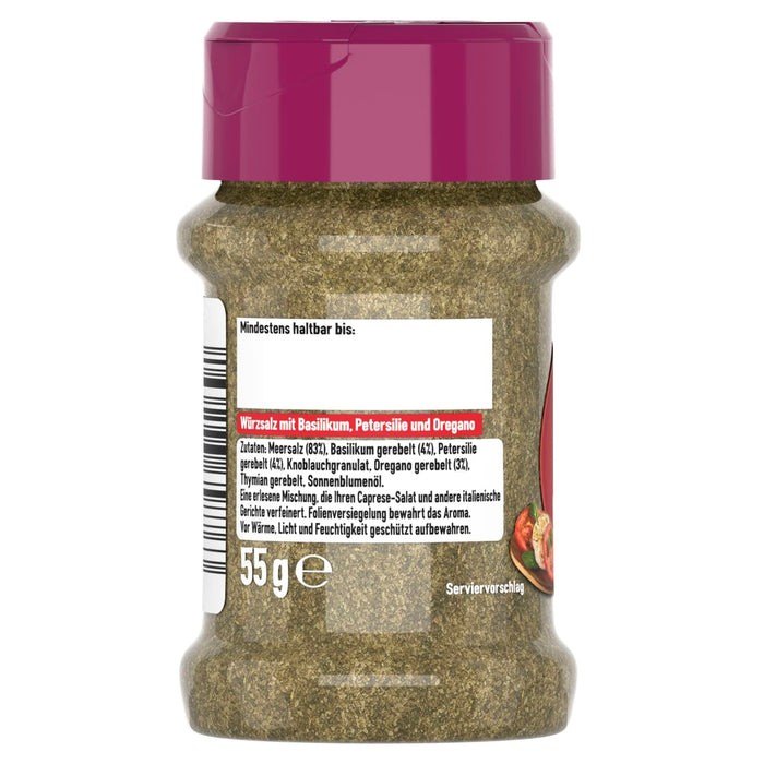 Die Rückseite eines durchsichtigen Glasbehälters mit Würzsalz mit Basilikum, Petersilie und Oregano, auf der das deutsche Etikett mit den Zutaten und anderen Produktinformationen vor einem weißen Hintergrund zu sehen ist.