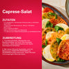 Eine Rezeptkarte für Caprese-Salat mit einer Platte aus Tomatenscheiben und frischem Mozzarella, die mit Srpet Tomato Mozza X06-Ge und Olivenöl verfeinert wurden.
