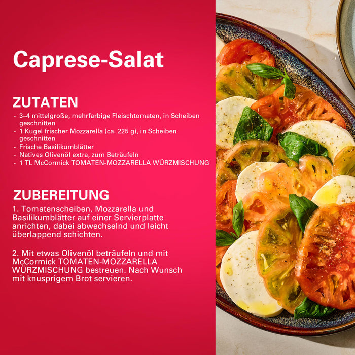 Eine Rezeptkarte für Caprese-Salat mit einer Platte aus Tomatenscheiben und frischem Mozzarella, die mit Srpet Tomato Mozza X06-Ge und Olivenöl verfeinert wurden.