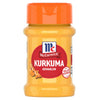 Eine Flasche McCormick Kurkuma gemahlen wird gezeigt, die das leuchtend gelbe Gewürz im durchsichtigen Behälter mit orangefarbenem Deckel und rotem Etikett präsentiert.