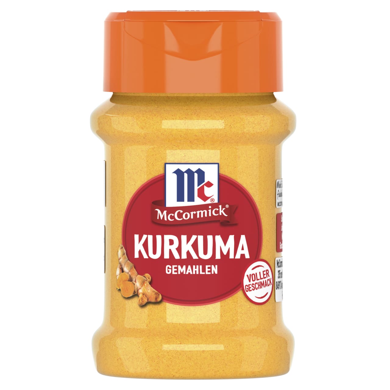 Eine Flasche McCormick Kurkuma gemahlen wird gezeigt, die das leuchtend gelbe Gewürz im durchsichtigen Behälter mit orangefarbenem Deckel und rotem Etikett präsentiert.