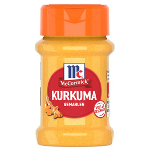 Eine Flasche McCormick Kurkuma gemahlen wird gezeigt, die das leuchtend gelbe Gewürz im durchsichtigen Behälter mit orangefarbenem Deckel und rotem Etikett präsentiert.