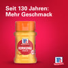 Eine Flasche Srpet Turmeric X06-Ge gemahlener Kurkuma von McCormick wird vor einem leuchtend roten Hintergrund mit dem Text Seit 130 Jahren Mehr Geschmack präsentiert.