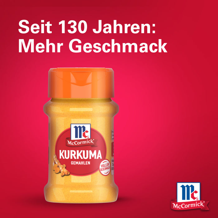 Eine Flasche Srpet Turmeric X06-Ge gemahlener Kurkuma von McCormick wird vor einem leuchtend roten Hintergrund mit dem Text Seit 130 Jahren Mehr Geschmack präsentiert.