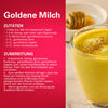 Diese Infografik für Goldene Milch zeigt ein Glas des warmen Getränks neben einem Rezept, das Srpet Turmeric X06-Ge als Hauptzutat enthält.