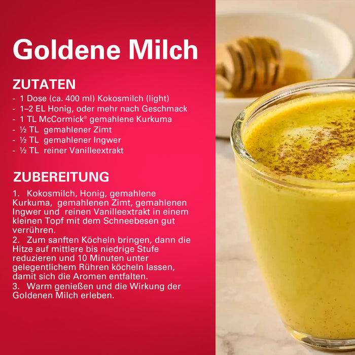 Diese Infografik für Goldene Milch zeigt ein Glas des warmen Getränks neben einem Rezept, das Srpet Turmeric X06-Ge als Hauptzutat enthält.